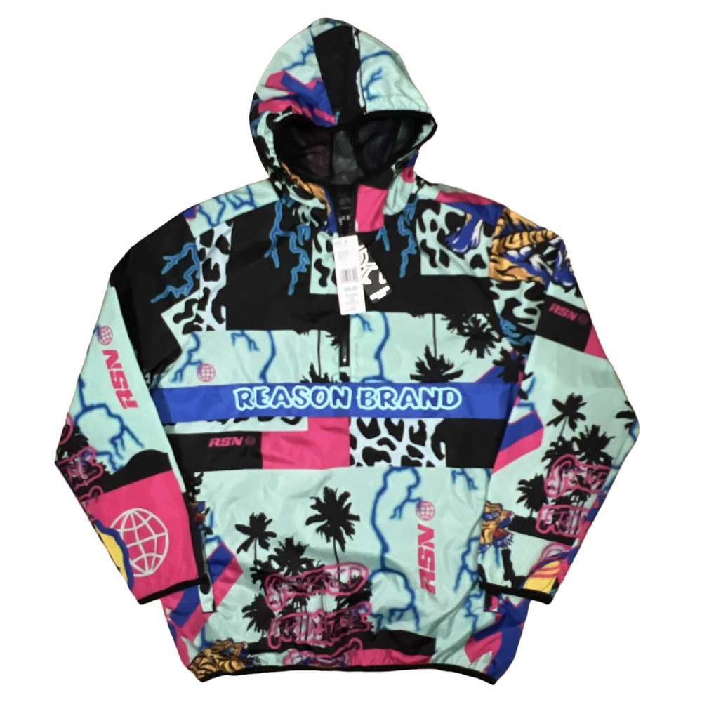 Reason Brand AOP Allover Print Half-Zip Anorak Pullover Jacket Tiger LARGE